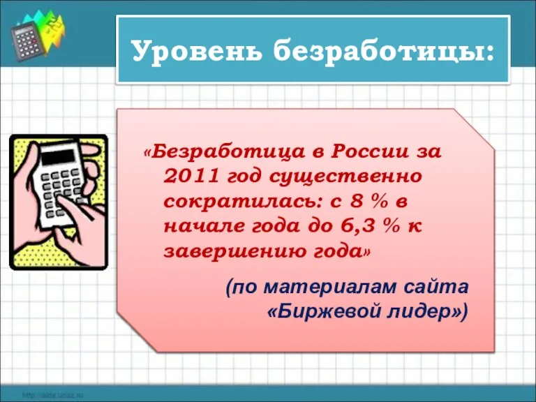 Уровень безработицы: Число безработных Трудоспособное население Х 100 % «Безработица в России