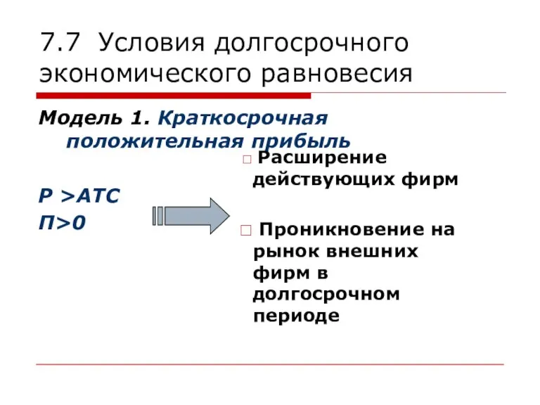 7.7 Условия долгосрочного экономического равновесия Модель 1. Краткосрочная положительная прибыль Р >ATC