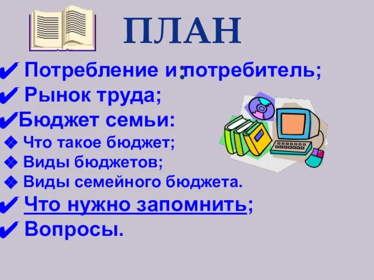 ПЛАН: Потребление и потребитель; Рынок труда; Бюджет семьи: Что такое бюджет; Виды