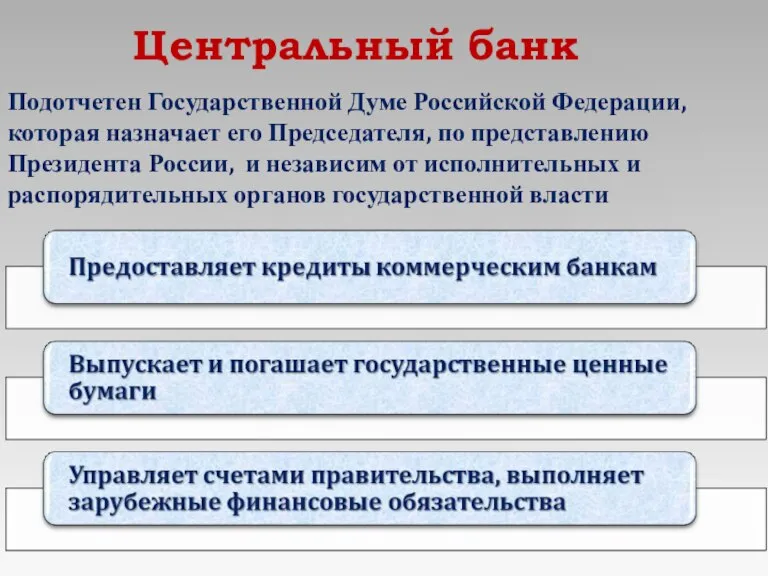 Центральный банк Подотчетен Государственной Думе Российской Федерации, которая назначает его Председателя, по