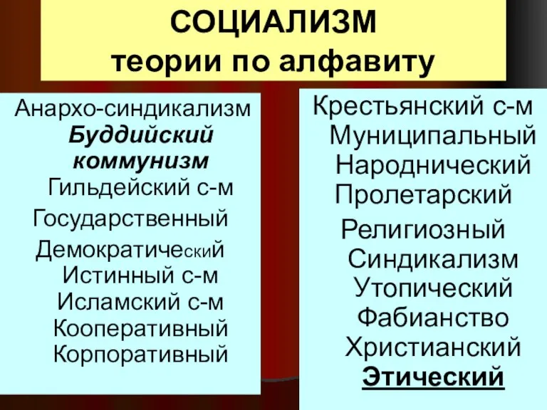 СОЦИАЛИЗМ теории по алфавиту Анархо-синдикализм Буддийский коммунизм Гильдейский с-м Государственный Демократический Истинный