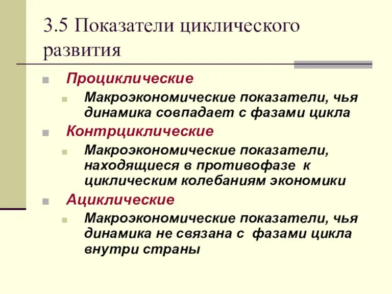 3.5 Показатели циклического развития Проциклические Макроэкономические показатели, чья динамика совпадает с фазами