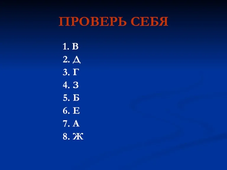 ПРОВЕРЬ СЕБЯ 1. В 2. Д 3. Г 4. З 5. Б