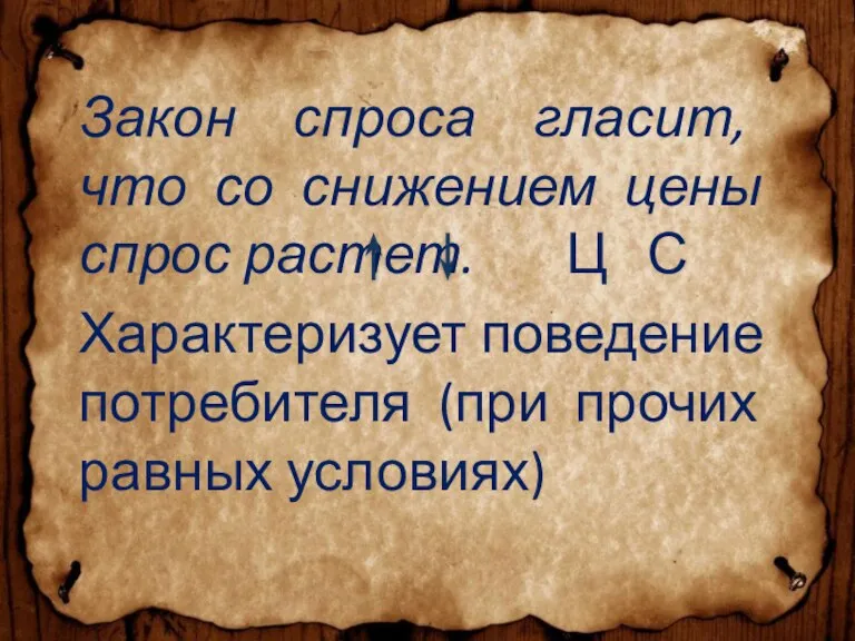 Закон спроса гласит, что со снижением цены спрос растет. Ц С Характеризует