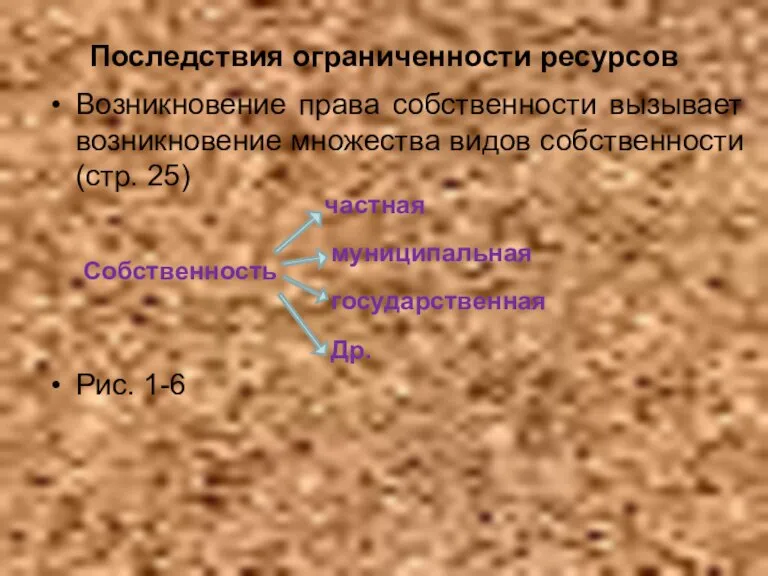 Последствия ограниченности ресурсов Возникновение права собственности вызывает возникновение множества видов собственности (стр.