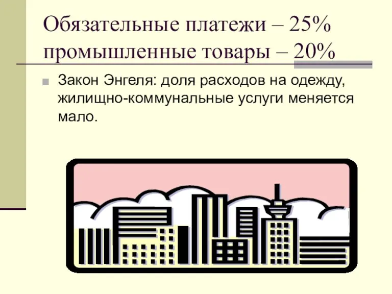 Обязательные платежи – 25% промышленные товары – 20% Закон Энгеля: доля расходов