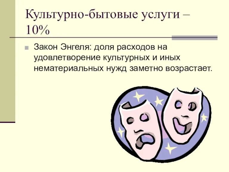 Культурно-бытовые услуги – 10% Закон Энгеля: доля расходов на удовлетворение культурных и