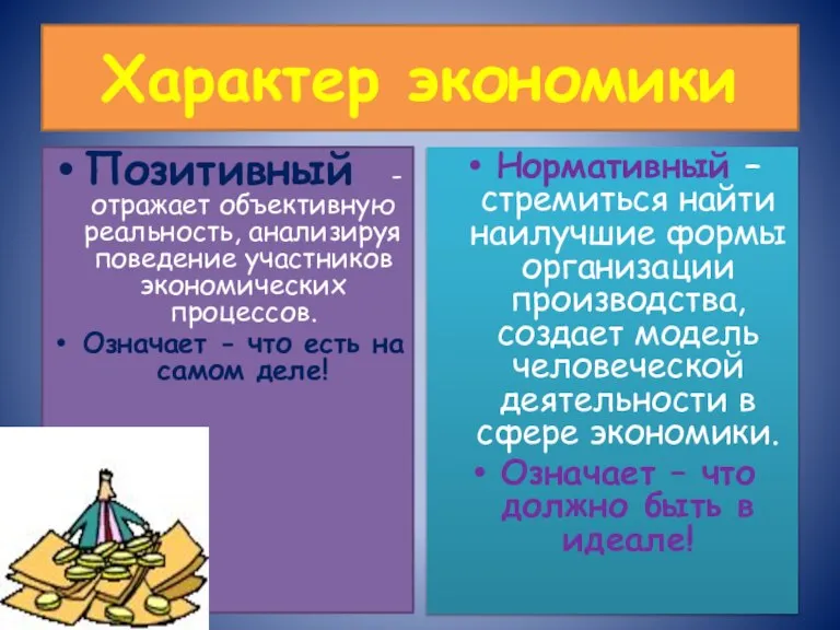 Характер экономики Позитивный - отражает объективную реальность, анализируя поведение участников экономических процессов.