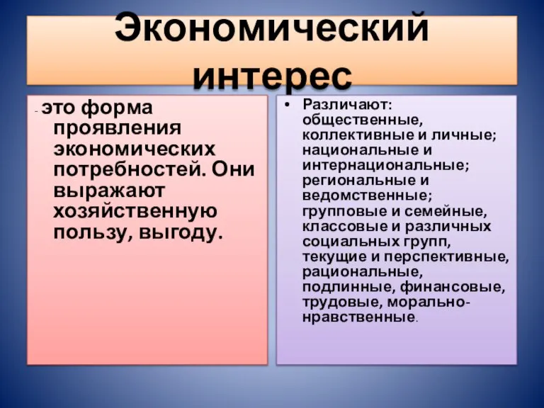 Экономический интерес - это форма проявления экономических потребностей. Они выражают хозяйственную пользу,