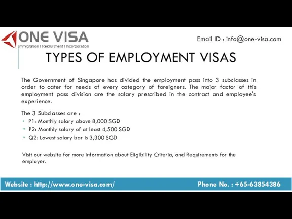 Types of Employment Visas The Government of Singapore has divided the employment
