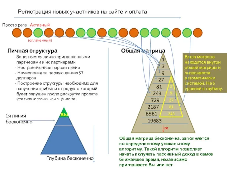 Регистрация новых участников на сайте и оплата Личная структура Общая матрица Заполняется