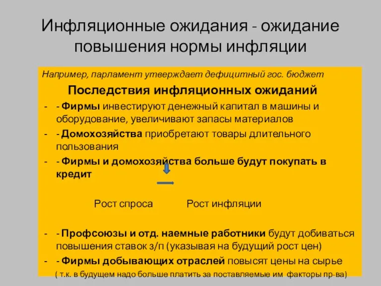 Инфляционные ожидания - ожидание повышения нормы инфляции Например, парламент утверждает дефицитный гос.