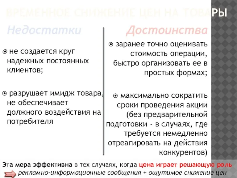 Временное снижение цен на товары Недостатки не создается круг надежных постоянных клиентов;