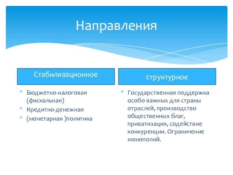 Направления Стабилизационное Бюджетно-налоговая (фискальная) Кредитно-денежная (монетарная )политика структурное Государственная поддержка особо важных