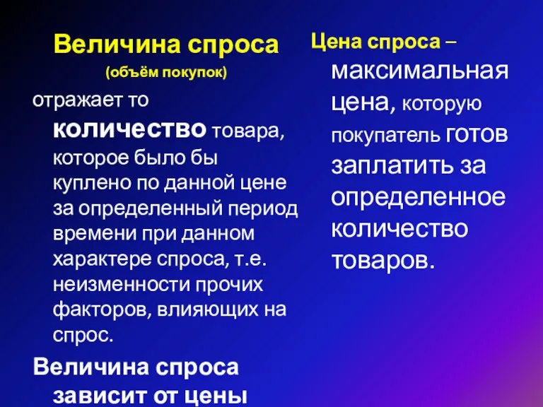 Цена спроса – максимальная цена, которую покупатель готов заплатить за определенное количество