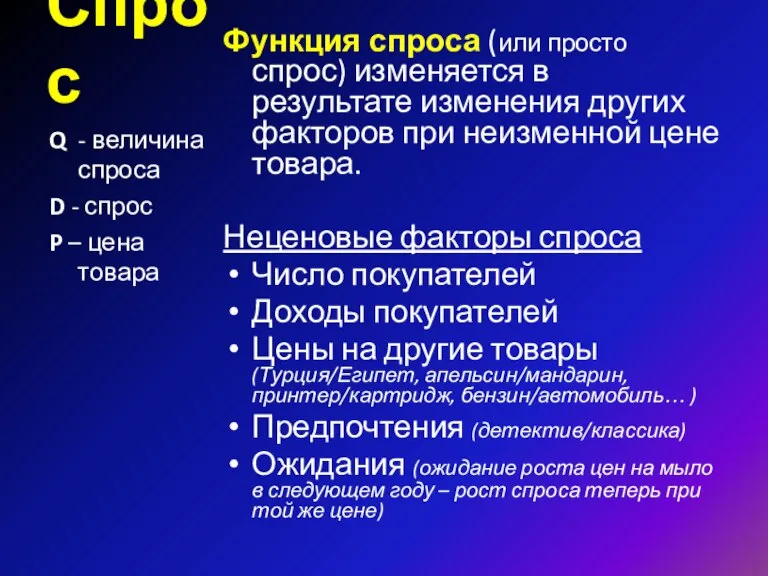 Спрос Функция спроса (или просто спрос) изменяется в результате изменения других факторов