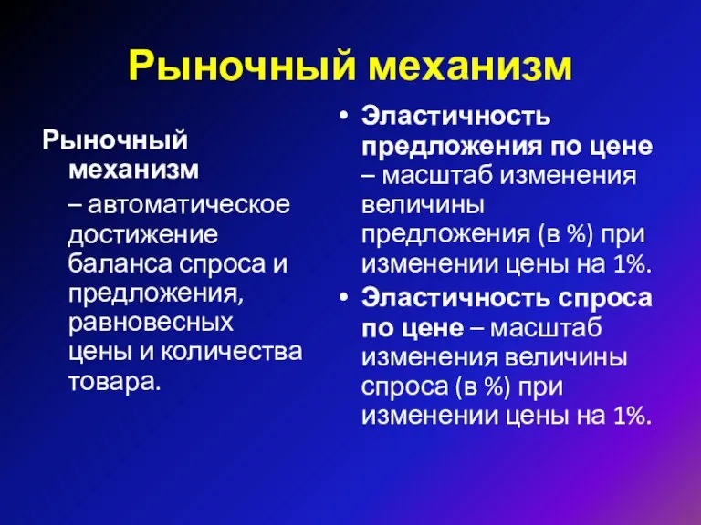 Рыночный механизм Рыночный механизм – автоматическое достижение баланса спроса и предложения, равновесных