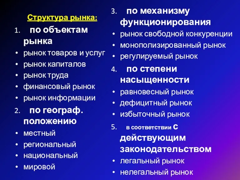 Структура рынка: 1. по объектам рынка рынок товаров и услуг рынок капиталов