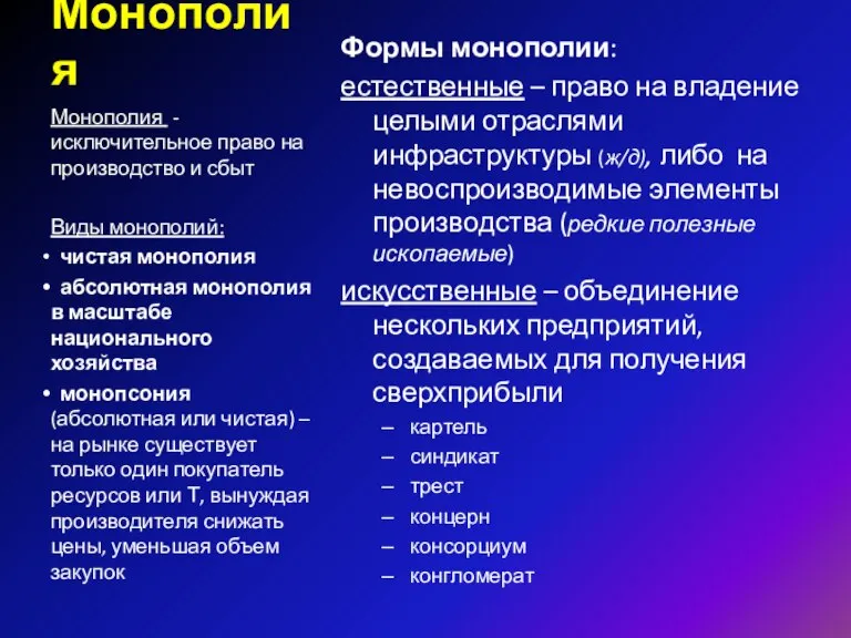 Монополия Формы монополии: естественные – право на владение целыми отраслями инфраструктуры (ж/д),