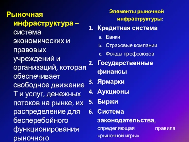 Элементы рыночной инфраструктуры: Кредитная система Банки Страховые компании Фонды профсоюзов Государственные финансы