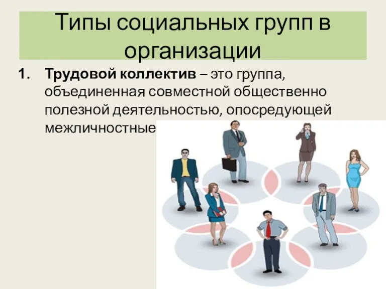 Типы социальных групп в организации Трудовой коллектив – это группа, объединенная совместной