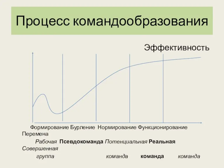 Процесс командообразования Эффективность Формирование Бурление Нормирование Функционирование Перемена Рабочая Псевдокоманда Потенциальная Реальная