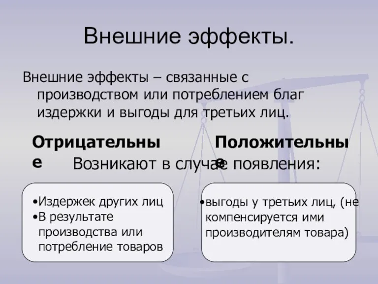 Внешние эффекты. Внешние эффекты – связанные с производством или потреблением благ издержки