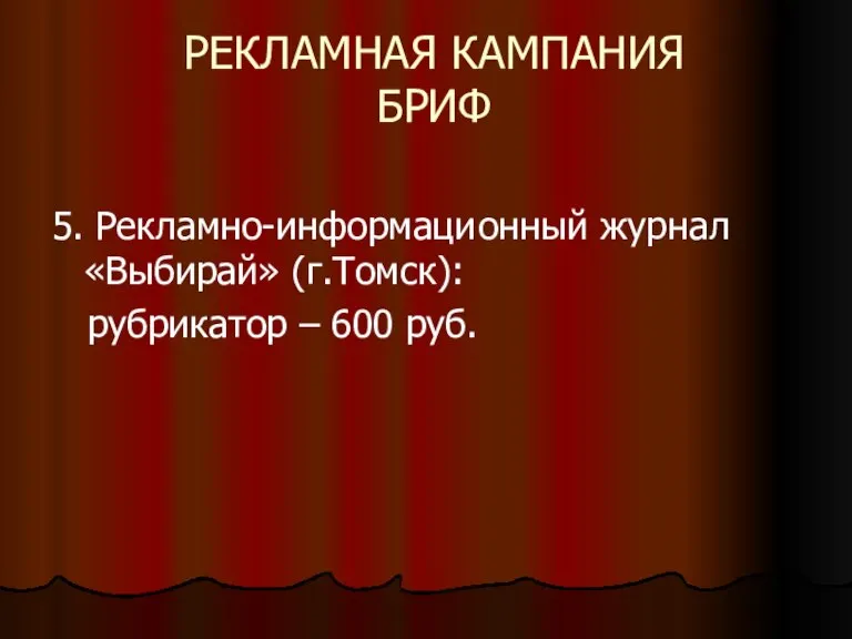 РЕКЛАМНАЯ КАМПАНИЯ БРИФ 5. Рекламно-информаци онный журнал «Выбирай» (г.Томск): рубрикатор – 600 руб.