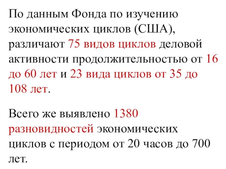 По данным Фонда по изучению экономических циклов (США), различают 75 видов циклов