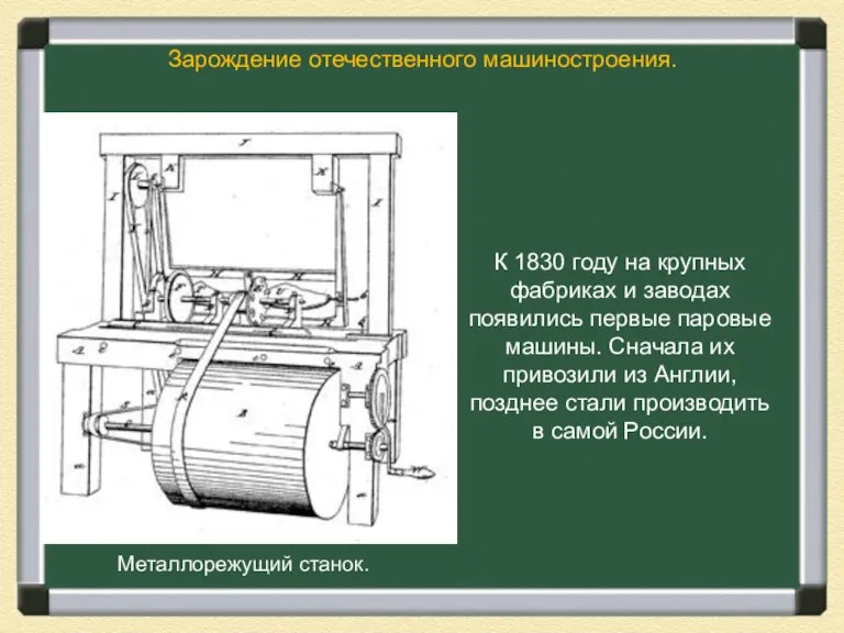 Зарождение отечественного машиностроения. Металлорежущий станок. К 1830 году на крупных фабриках и