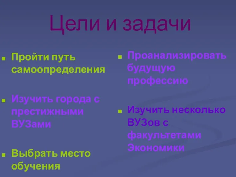 Цели и задачи Пройти путь самоопределения Изучить города с престижными ВУЗами Выбрать