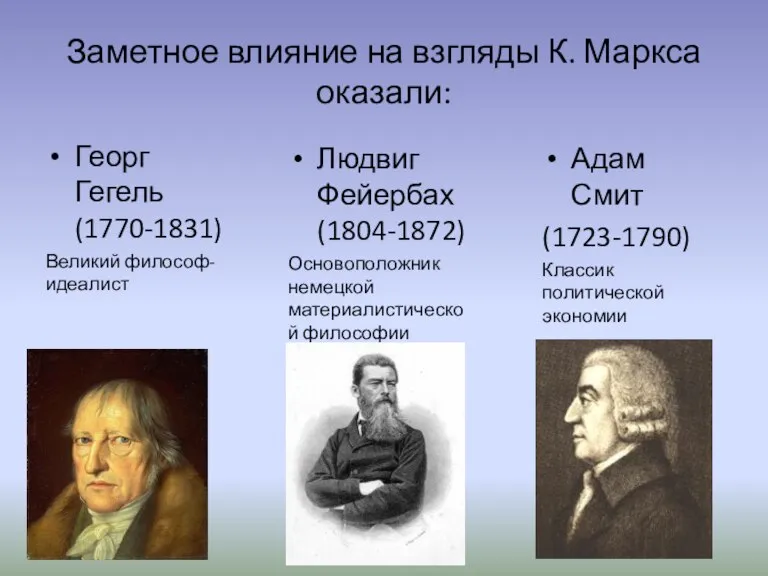 Заметное влияние на взгляды К. Маркса оказали: Георг Гегель (1770-1831) Великий философ-идеалист