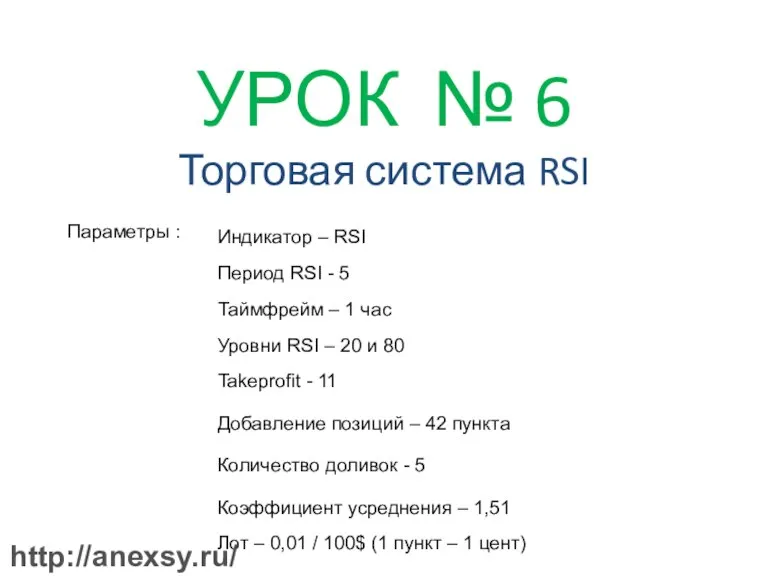 УРОК № 6 Торговая система RSI Параметры : Индикатор – RSI Период