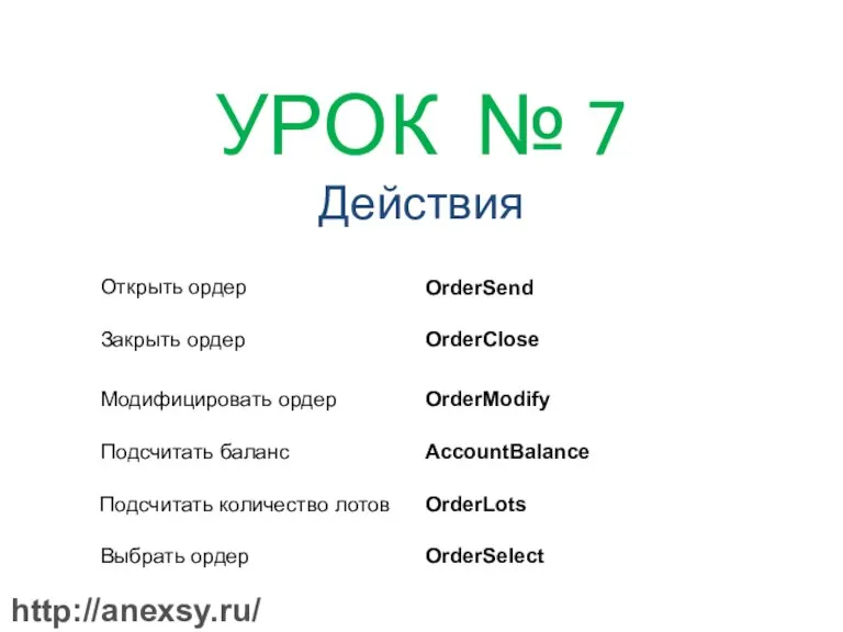 УРОК № 7 Действия Открыть ордер Закрыть ордер Модифицировать ордер Подсчитать баланс