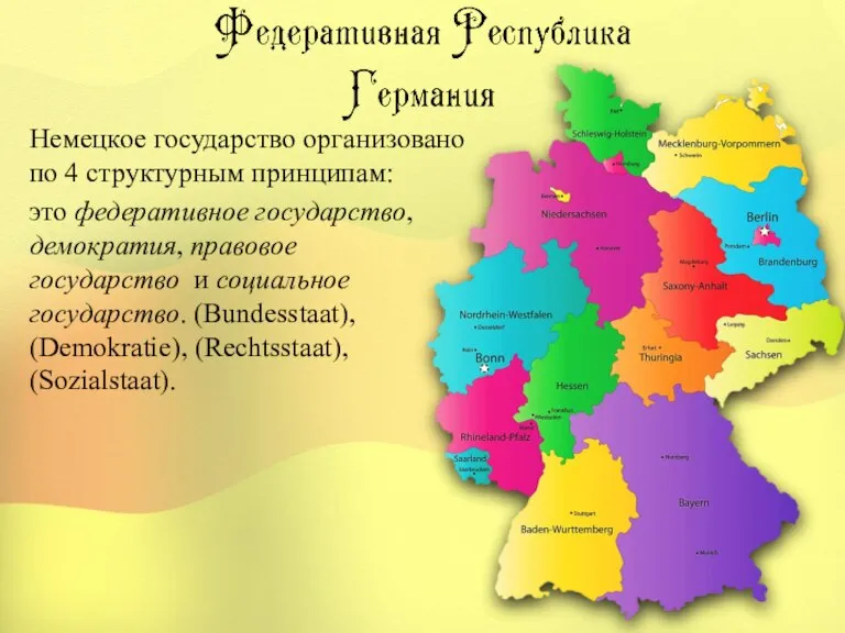 Немецкое государство организовано по 4 структурным принципам: это федеративное государство, демократия, правовое