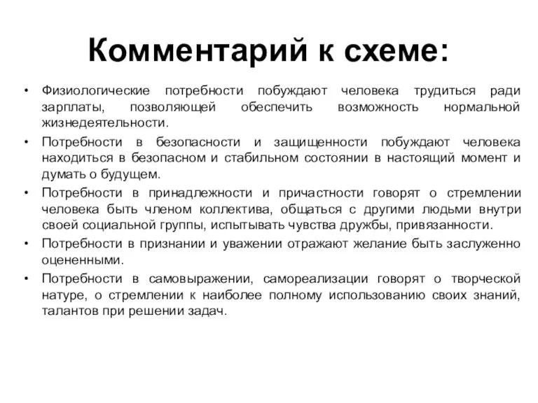 Комментарий к схеме: Физиологические потребности побуждают человека трудиться ради зарплаты, позволяющей обеспечить