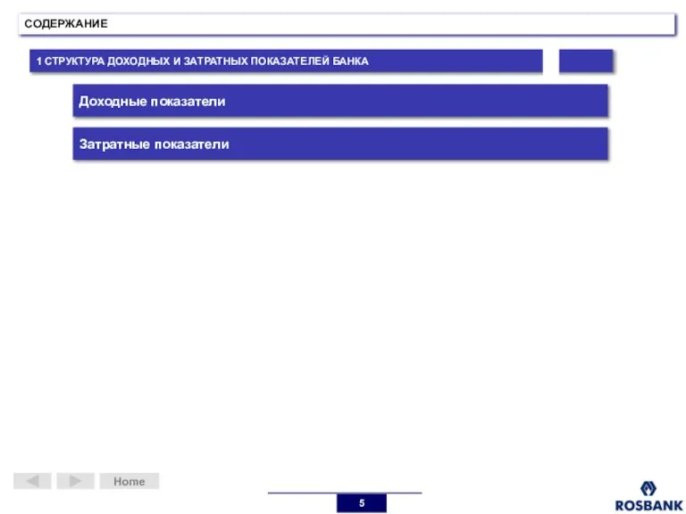 СОДЕРЖАНИЕ 1 СТРУКТУРА ДОХОДНЫХ И ЗАТРАТНЫХ ПОКАЗАТЕЛЕЙ БАНКА Home Доходные показатели Затратные показатели
