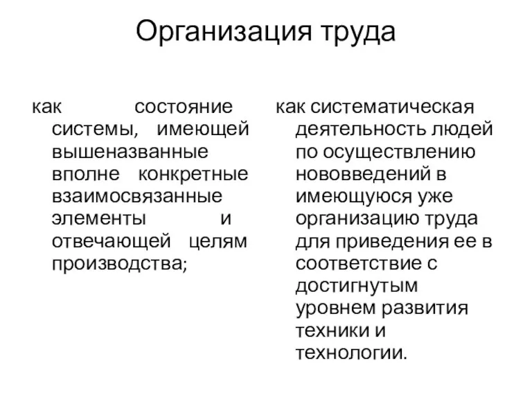 Организация труда как состояние системы, имеющей вышеназванные вполне конкретные взаимосвязанные элементы и