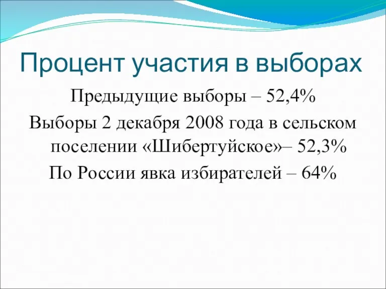Процент участия в выборах Предыдущие выборы – 52,4% Выборы 2 декабря 2008