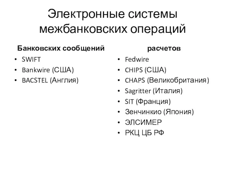 Электронные системы межбанковских операций Банковских сообщений SWIFT Bankwire (США) BACSTEL (Англия) расчетов