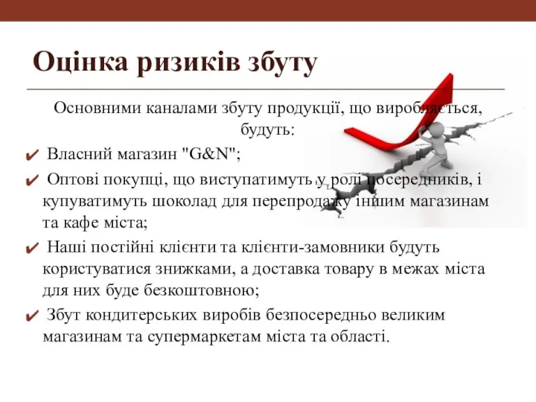 Оцінка ризиків збуту Основними каналами збуту продукції, що виробляється, будуть: Власний магазин