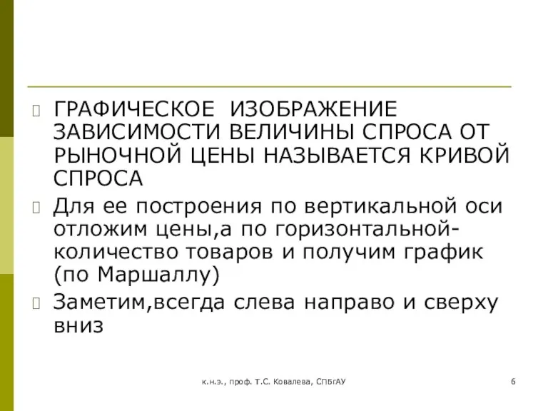 к.н.э., проф. Т.С. Ковалева, СПБгАУ ГРАФИЧЕСКОЕ ИЗОБРАЖЕНИЕ ЗАВИСИМОСТИ ВЕЛИЧИНЫ СПРОСА ОТ РЫНОЧНОЙ