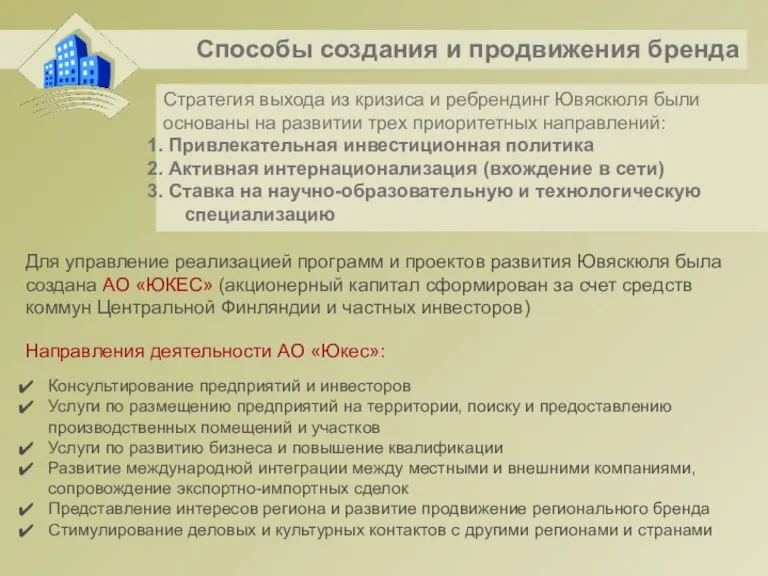 Способы создания и продвижения бренда Стратегия выхода из кризиса и ребрендинг Ювяскюля