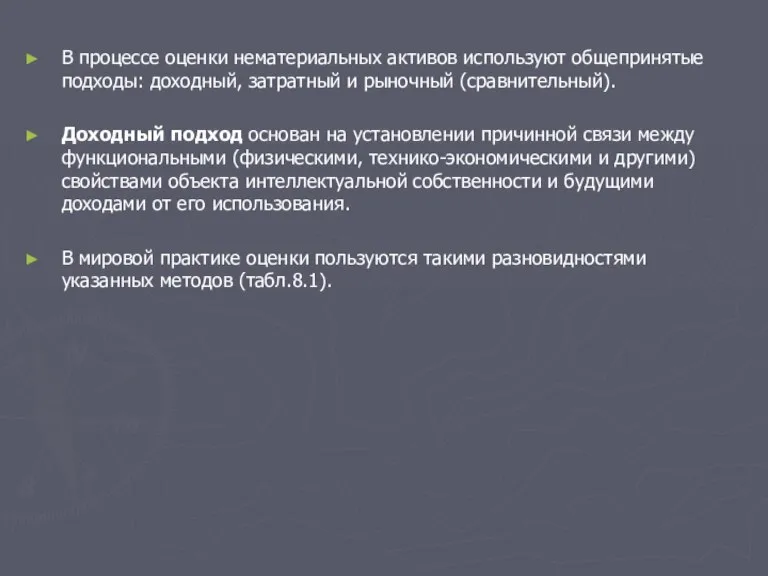 В процессе оценки нематериальных активов используют общепринятые подходы: доходный, затратный и рыночный