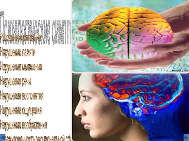 Психологические симптомы Рассеянное внимание Нарушение памяти Нарушение мышления Нарушение речи Нарушение восприятия