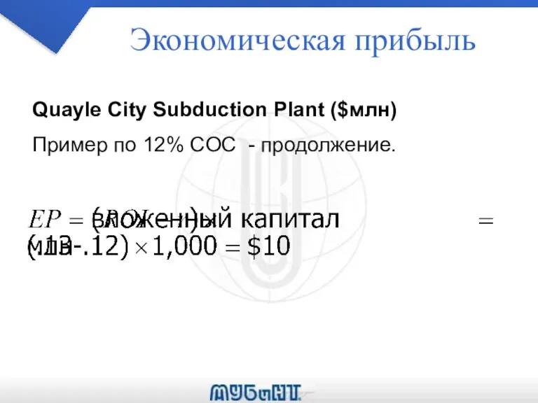 Экономическая прибыль Quayle City Subduction Plant ($млн) Пример по 12% COC - продолжение.