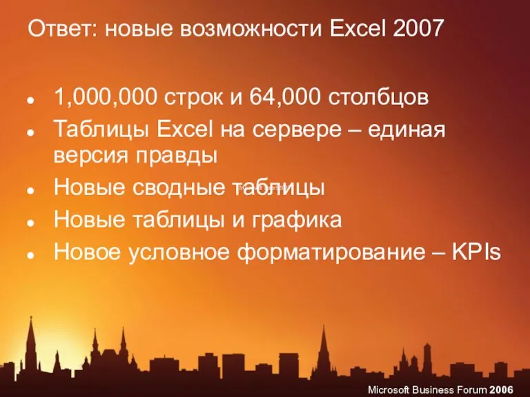 Ответ: новые возможности Excel 2007 Microsoft Excel 2007 1,000,000 строк и 64,000