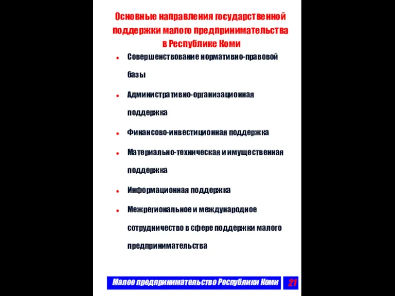 Малое предпринимательство Республики Коми Основные направления государственной поддержки малого предпринимательства в Республике