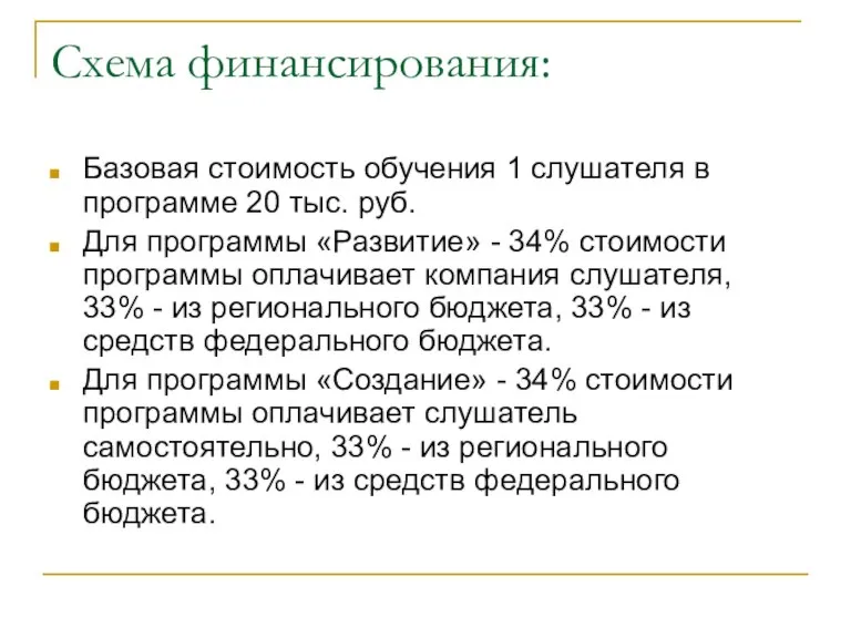 Схема финансирования: Базовая стоимость обучения 1 слушателя в программе 20 тыс. руб.