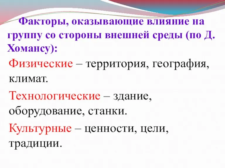 Факторы, оказывающие влияние на группу со стороны внешней среды (по Д. Хомансу):